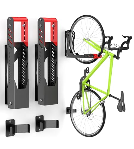 ALIXUEQIN Swivel Bike Wall Mount 2 Pack Bike Rack for Garage No Heavy Lifting Required Wall Bike Hangers Can Holds up to 77 lbs (Black & Red)