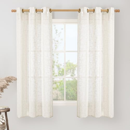 Image of LAMIT Cream Sheer Linen Curtains for Windows 60 Inch Length, Light Filtering Short Drapes Bronze Grommet Neutral Boho Panels for Bedroom /Kitchen, 2 Panels, 34 x 60 Inch