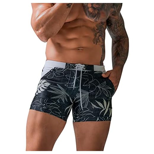 Panegy Sunga masculina calção de banho short sexy perna quadrada roupa de banho esportiva com cordão, Sunga de natação com flores/preta B, M