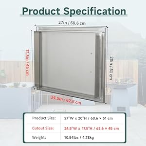 Outdoor Kitchen Doors 27W x 20H Inch Stainless Steel Doors, Horizontal Access Door with Handles Single Access Cabinet Door, Flush Mount for Grilling Station Outdoor Kitchen Doors 27W x 20H Inch Stainless Steel Doors Horizontal Access Door with Handles Single Access Cabinet Door Flush Mount for Grilling Station