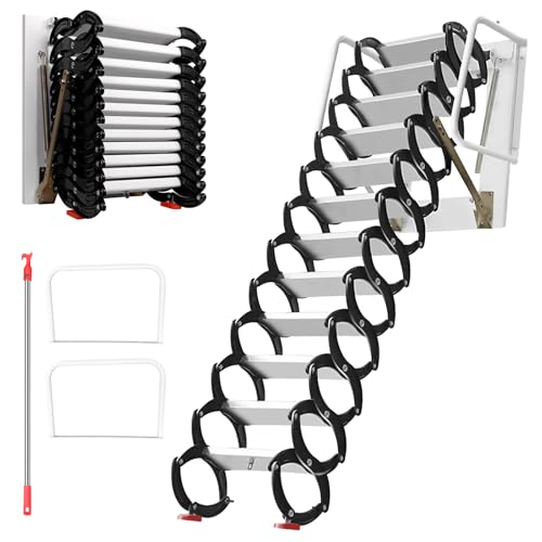 10FT Pull Down Attic Stairs, 12 Step Aluminum-Magnesium Alloy Loft Wall Mounted...