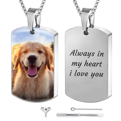 Funnylife Personalized Pet Urn Necklaces for Dog Cat Ashes Custom Photo Text Stainless Steel Cremation Ash Memorial Jewelry Pet Loss Sympathy Gift