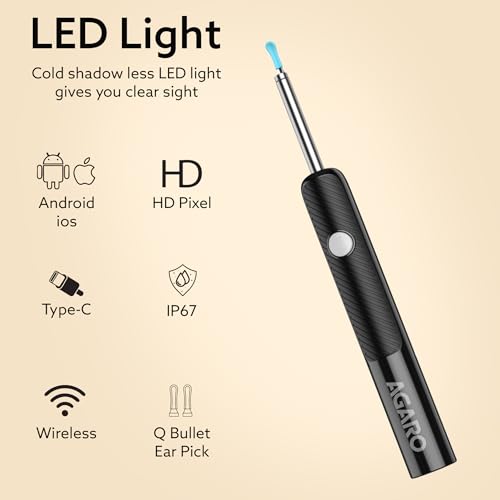 Image of AGARO Regal Ear Endoscope Cleaner /Earwax Removal Tool Kit with HD Camera, Light Weight, Type-C Charging, 130 mAh Battery, IP67 Waterproof, Wifi Connection for iOS & Android + 6 Silicone Tips