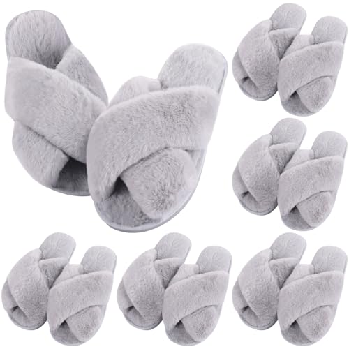 Image of VAIPI 6 Pairs Womens Cross Band Slippers Fuzzy Plush House Bridesmaid Slipper White | Black | Pink Open Toe Fluffy Slipper Soft Warm Bridal Slippers