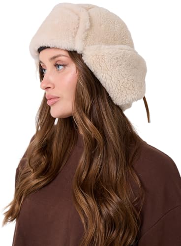 Image of Leather Aviator Shearling Ushanka Trapper Hat Russian Sheepskin Cap Real Fur Winter Hat with Ear Flaps for Men Women