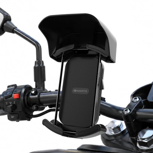 Image of Amkette iGrip Secure X2 Mobile Holder for Bike & Scooty with Handlebar Mount, One Press Lock & Unlock, Built in Sunshade, Anti Slip Silicone Grip, 4 Corner Clamping, Compatible with 4.7 inch-7 inch Smartphone