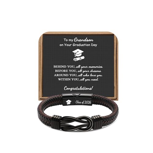JoycuFF High School College Graduation Gifts for Grandson Class of 2026 Grandsons Graduation Gifts Leather Stainless Steel Knot Mens Bracelet