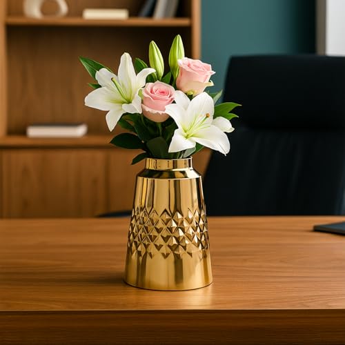 Image of Market99 Metal Flower Holder |Golden Vase with Diamond Pattern in Glossy Texture |Truncated Cone Shape Decorative Piece for Home, Office, Tabletop & Festive Gifting |Designed to Catch the Eye Always