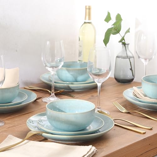 Image of Gibson Elite Pine Coast Plates and Bowls Sets, 12-Piece Stoneware Dinnerware Sets, Reactive Glaze Dish Set - Blue