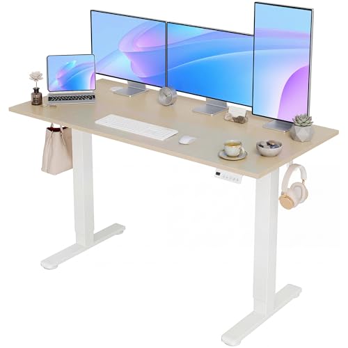 Image of YDN Electric Standing Desk Adjustable Height, 55 x 24 Inches Sit Stand up Desk with Memory Presets & Cable Management, Home Office Desk for Office & Computer Workstation, White Frame /Nature Top