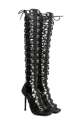 Image of STUPMARY Women Peep Toe Sandals Cut-outs Cross-tied Lace Up High Heeled Gladiator Sandals Zipper Over The Knee Bootie Summer