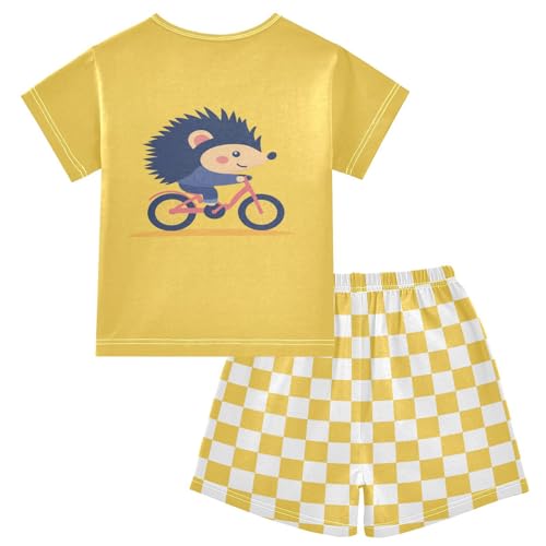 Checkerboard Plaid Hedgehog Ride Yellow Pajama Set Short Sleeve PJS 2 Piece Summer Pajamas Shorts Sets Cotton 5Y2