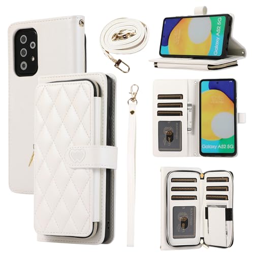 Furiet Wallet Case for Samsung Galaxy A52/A52S 5G with Detachable Wrist Strap, 9+ Card Slots Zipper Purse, Luxury PU Leather Stand Full Body Phone Cover for A 52 S 4G G5 52A S52 52S Women Girls White