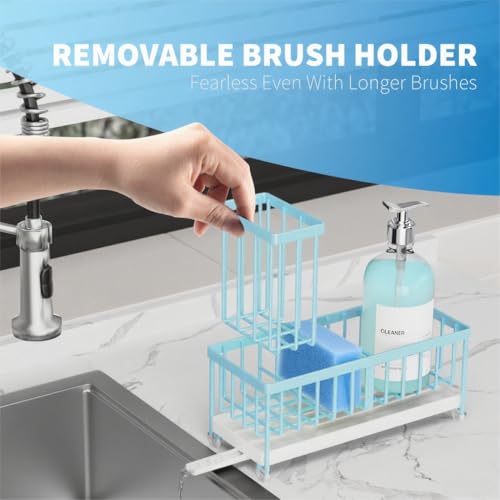 Image of Cisily Sponge Holder for Kitchen Sink, Sink Caddy Organizer with High Brush Holder, Kitchen Countertop Organizers and Storage Essentials, Rustproof 304 Stainless Steel (Blue, 9.25″)