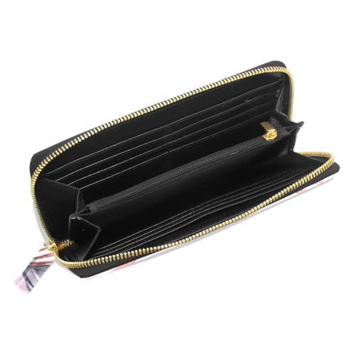 Long Wallets Leather Bifold Wallet for Women Pink Flag Bows Pattern with Zipper Credit Card Holder Large Capacity 5