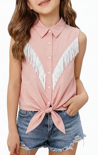 Image of Girls Fringe Shirt Sleeveless Button Down Western Cowgirl Tassel Trim Casual Blouse Shirt Top 4-13Y