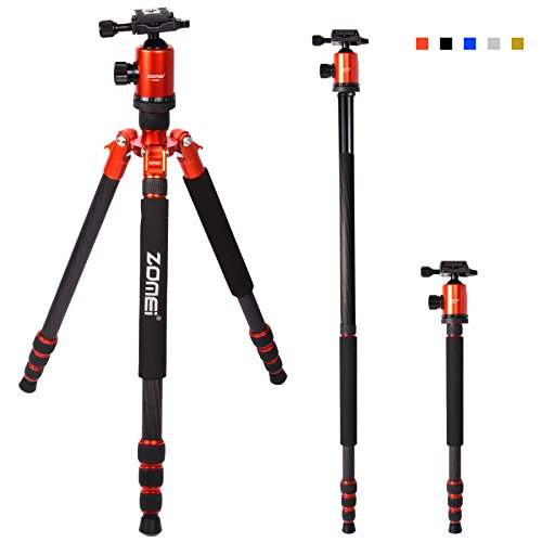 Zomei Z818C Portable Professional Carbon Fiber Tripod Monopod with Ballhead for Cameras DSLR DV Camcorders Max Load 18KG Orange