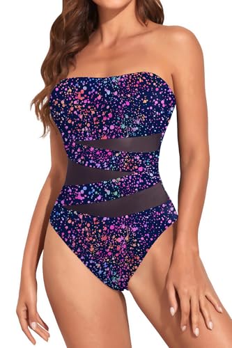 Image of Holipick Women Sexy One Piece Swimsuit Strapless Bathing Suits | Bandeau Neckline, Mesh Cutout Design, Push Up Removable Pads, High Cut, Removable Straps, Pool Beach Cruise Resort