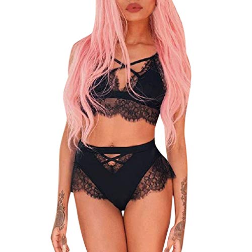 Women Sexy Lingerie Set Fantasy Bralette and Panty 2 Piece Floral Lace Strap Bra set Babydoll Bodysuit Black
