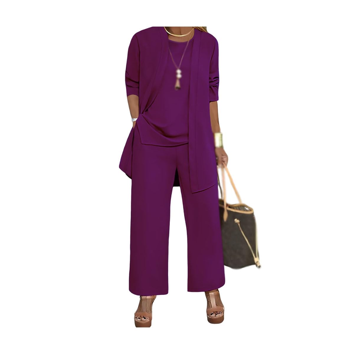 Elegante set da 3 pezzi con cardigan lungo e pantaloni, completo da viaggio per invitati a nozze da donna