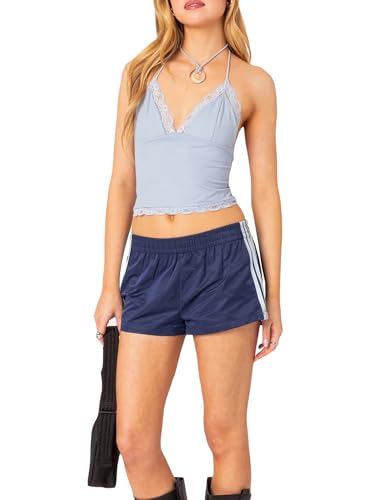 Image of SANSIWU Women's Side Contrast Stripe Print Shorts Drawstring Closure Wide Leg Baggy Boxer Elastic Waist Loose Gym Athletic Short Pants (A-Dark Blue, S)