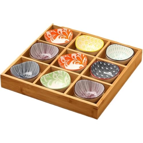 小皿セット 9 点花の形陶器皿 32.532.55cm 仕切り竹トレイ付き 深型設計 前菜/醤油皿 火鍋・焼肉・寿司和食器 食洗機対応EnergyDeer (32.5*32.5*5cm,9* 三角ソーサー)
