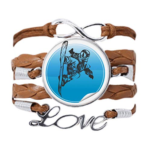 Skis et bâtons motif bracelet cuir noir love cadeau pour passionné de glisse
