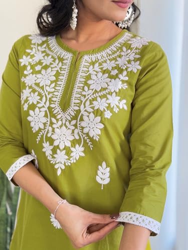 Image of Naixa Women's Cotton Embroidered Straight Kurta with Pant and Dupatta Sets (Available in Plus Size) (NX-574)