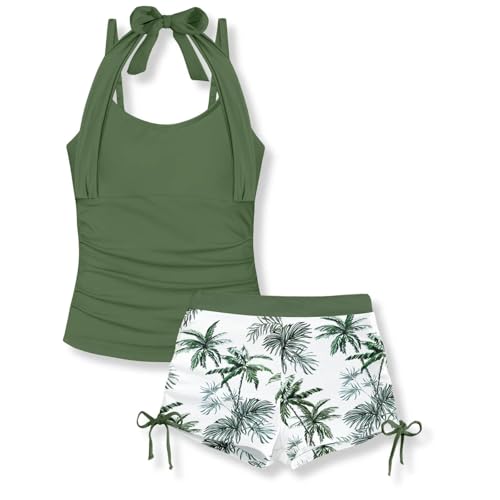 Image of Size 7-16 Years Girls Slim Fit Swimsuit 2 Piece Halterneck Tankini Swimsuit Drawstring Printed Swim Shorts