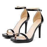 Elisabet Tang Women's 4.3 Inch High Heeled Sandals Strappy Stiletto Open Square Toe Heel with Ankle Strap at Wedding Party Prom Work Dating Black Patent Size 8 Dressy