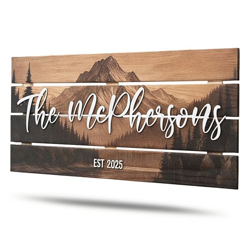 Custom Mountain Family Name Sign - Rustic Wood Wall Decor, Personalized Wedding...