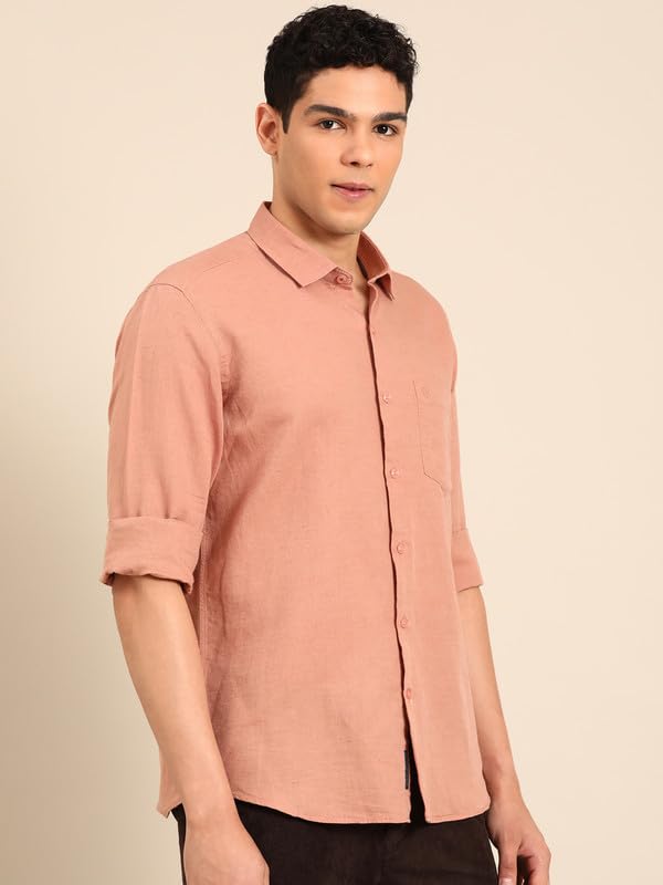 Image of Linen Club Men's Pure Linen Olive Solid Contemporary Fit Full Sleeve Casual Shirt