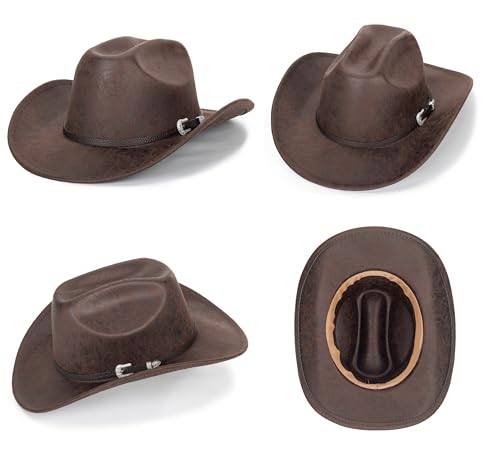 Fgss Women-Men Classic-Western Cowboy-Hat - Wide-Brim Pu Leather Cowgirl Cap Fedora Hats With Buckle Outback For Outdoor Brown thumb #2