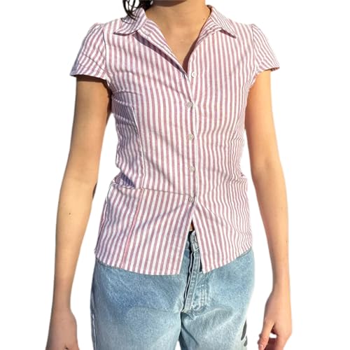 Image of Y2k Girls Vintage Coquette Button Down Shirt Women Short Sleeve V-Neck Slim Fitted T-Shirt Cute Blouse Crop Top