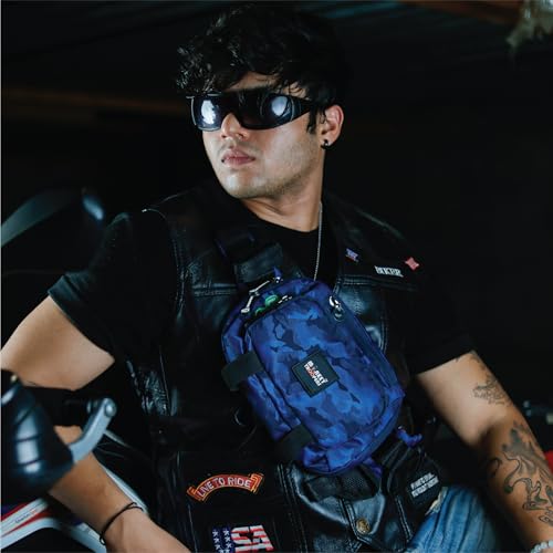 Image of MONKEY TROOPERS Spee Bikers Crossbody Bag for Men & Women, Blue-Camo | Lightweight, Water Resistant, Mounts on Bike Tank, Handle, Touch-Sensitive Mobile Pocket, Key Hook, Quick Pockets Waist Bag