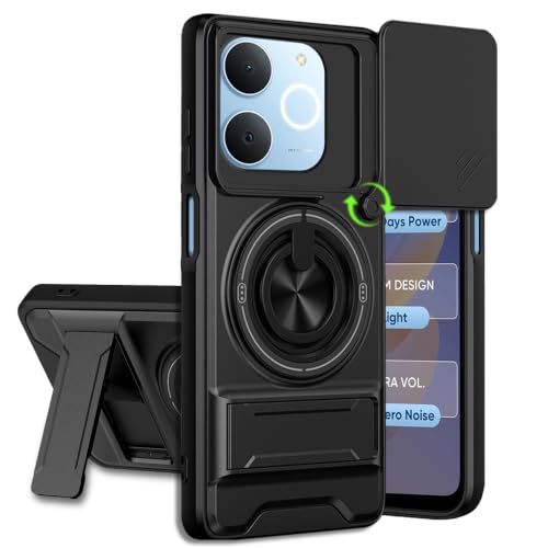 Image of Realme C71 Back Cover | Armor Camera Slider 360 Degree Rotating Finger Ring Holder Case with Bracket Stand Back Case Cover (Compatible with MagSafe Accessories) (Black)