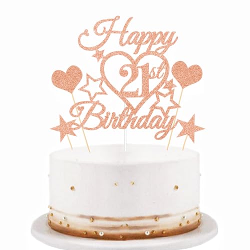 bng-bng 21st Birthday Cake Topper Decoration Rose Gold Glittery Happy 21st Birthday Cake Cupcake Toppers For Girls 21 Twenty-one Years Old Party Supplies Decorations