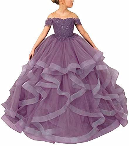 LINGLINGDING Elegant Flower Girl Dress for Wedding Kids Off The Shoulder Lace Appliques Pageant Ball Gowns FS0026 Lavender