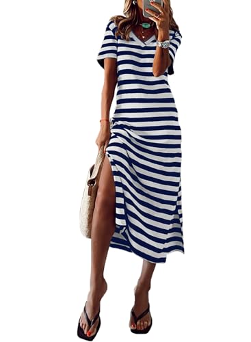 MARZXIN Women 2025 Casual Maxi Dress Short Sleeve V Neck Stripe Sundress Split Loose Long Summer Tshirt Activewear Dress