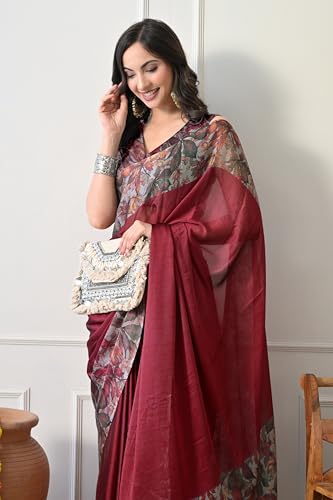 Image of MIRCHI FASHION Women Saree Floral Printed Chiffon | Breathable Lightweight Summer Sari for Office and Daily Use with Unstitched Blouse (Available in 20 Styles)