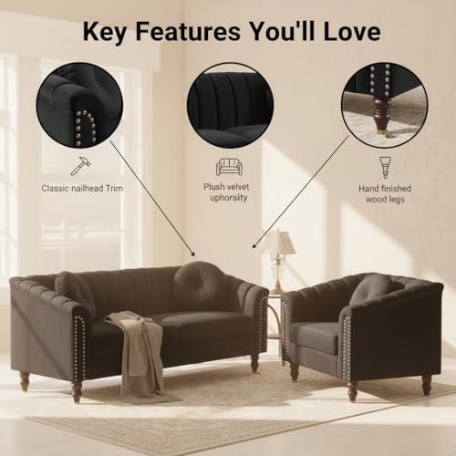 Image of Sofa and Loveseat Set, Microfiber Living Room Set with Wood Legs, 3 Piece Living Room Furniture, Modern 3-Seater Sofa + 2-Seater Loveseat + Accent Chair Sets, for Home Office, Black
