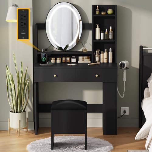 DWVO Vanity Desk with Oval Mirror and Lights, Makeup Vanity Table Set with Power Outlets and Chair, 3 Lighting Colors, Makeup Desk with 2 Drawer and Lots Storage Shelves, Bedroom, Black Dressing Table
