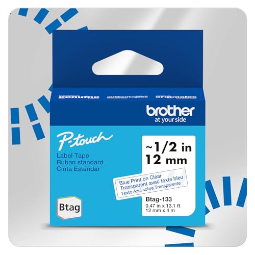 Brother Genuine P-Touch Btag BTAG133 Blue on Clear Label Tape ~1/2in by 13.1ft (12mm x 4m). (Works Only with Brother PT-N10, PT-N20, PT-N25BT Label Makers)