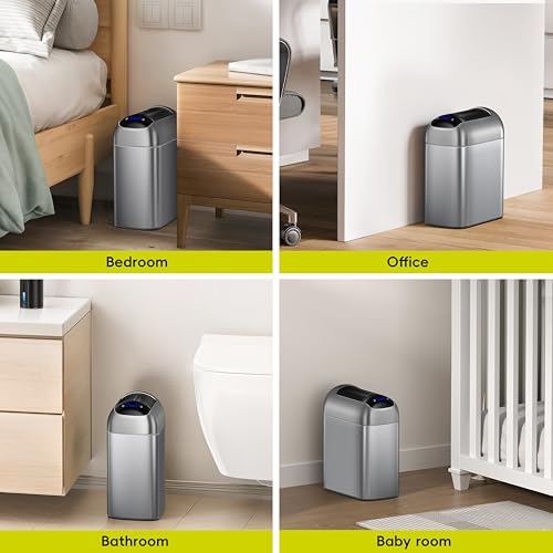 Image of EKO Astro Slim Sensor Trash Can, 10L / 2.6 Gallon Touchless Garbage Bin with Soft-Close Retractable Wing Lid, Motion Sensor Stainless Steel Trash Can for Bathroom, Kitchen and Office, Waterproof