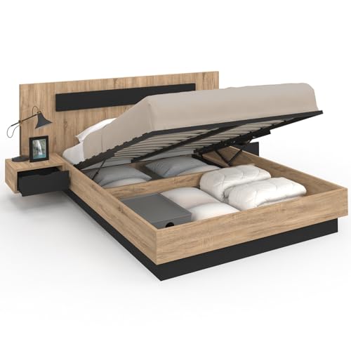 IDMarket - Lit Coffre Double Santa avec tête de lit + Tables de chevets intégrées et sommier 140...