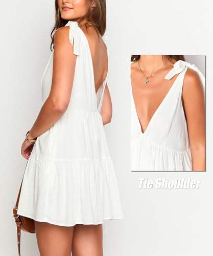 Image of Women Flowy Mini Dress Sundress V Neck Tie Shoulder Backless Babydoll Dress Going Out Dresses