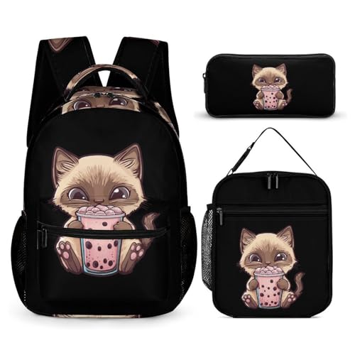 Siamese Cat Loves Drinking Bobo Tea Funny Backpack Set Lunch Bag Pencil Case Makeup Bag 3 in 1 for Men Women Travel