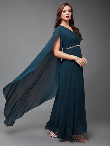 Image of Miss Chase Women's V-Neck Full Sleeve Self Design Lace-Overlaid Georgette Maxi Dress