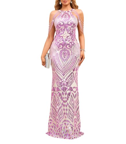 Image of Cololura Women Sequin Halter Tassel Mermaid Formal Maxi Dress Evening Gown
