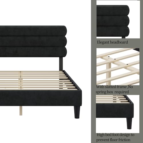 Estrutura de cama queen com cabeceira, cama de plataforma resistente com suporte de ripas de madeira